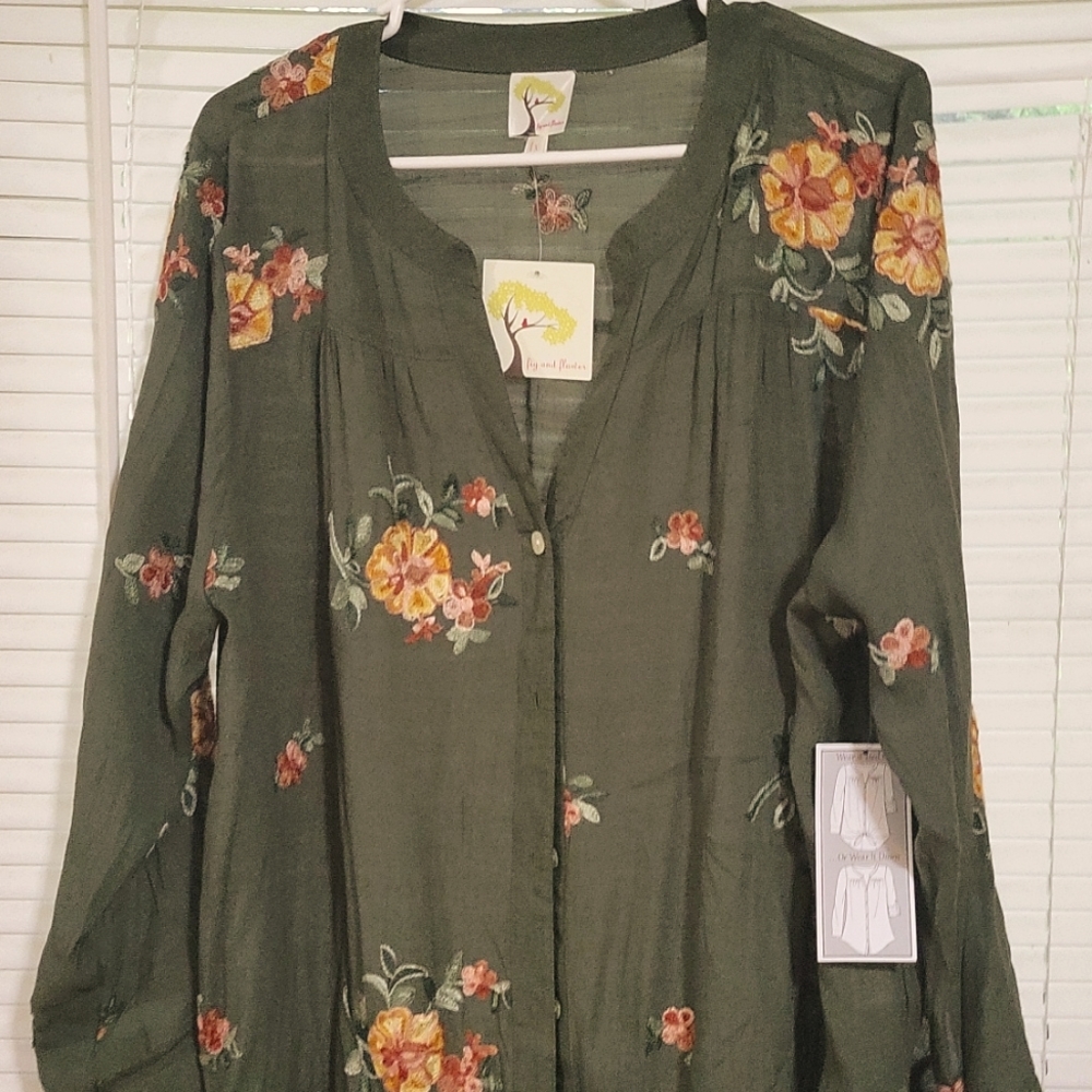 Beautiful green embroided button up 1x Fig and Flower top